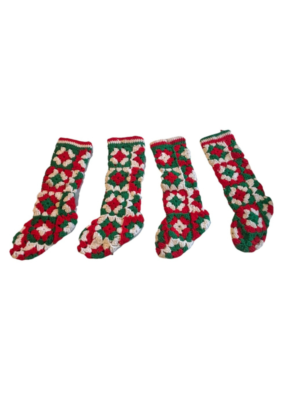 Christmas Stockings Handmade Lot of 4 Crochet Granny Square White Red Green